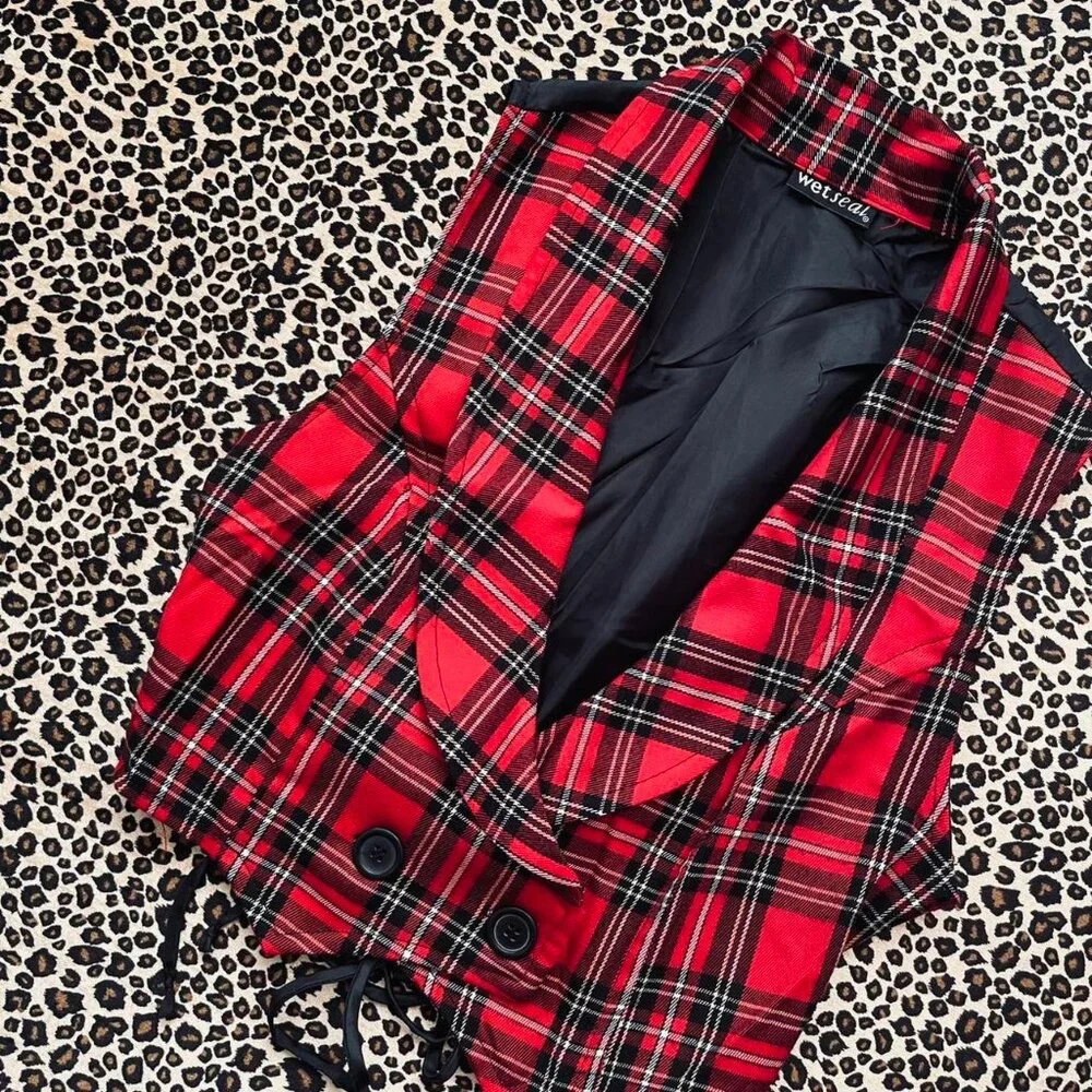 vintage plaid lace-up crop vest - Picture 2 of 6
